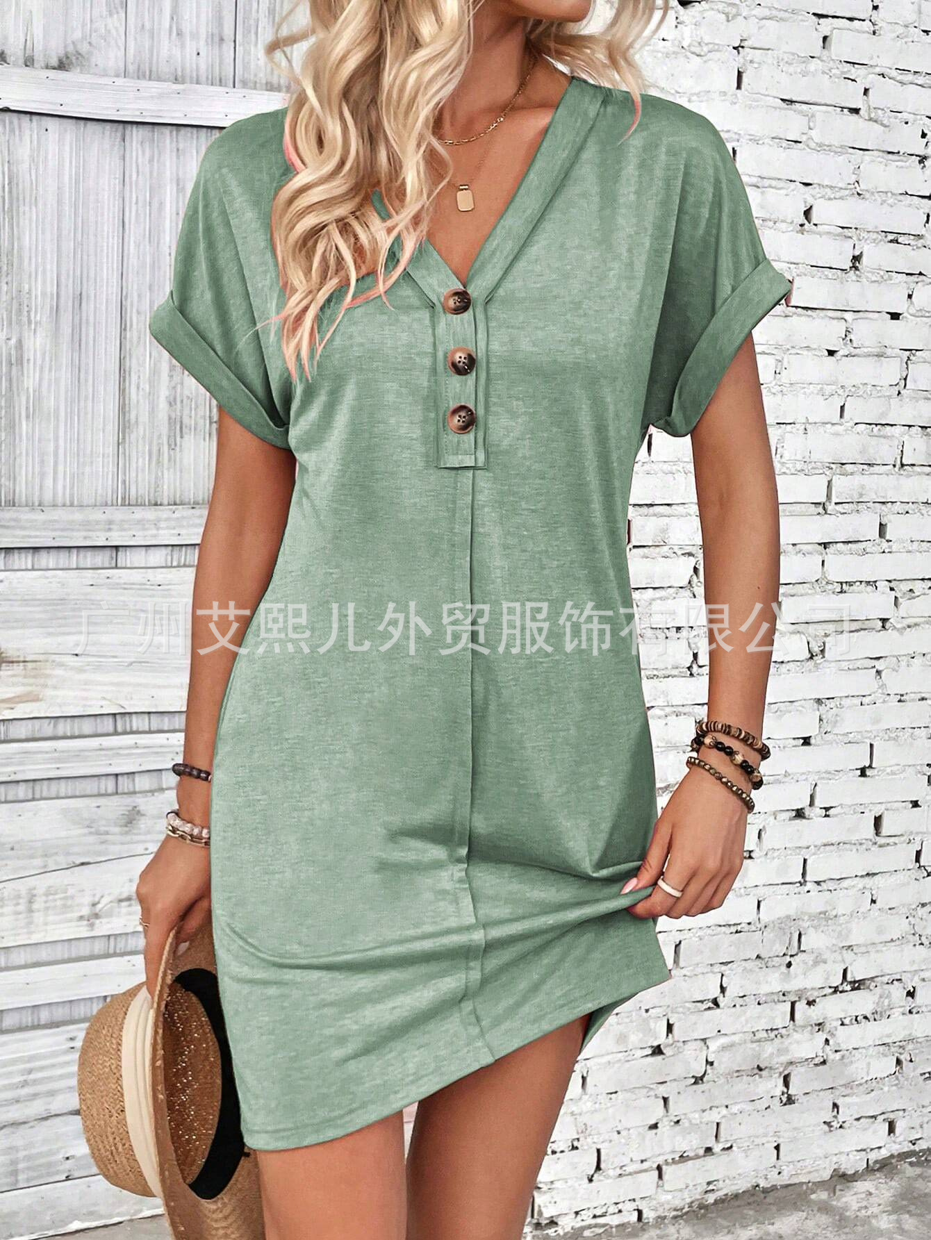 Women's V-Neck Button Short Sleeve Solid Color Midi Dress