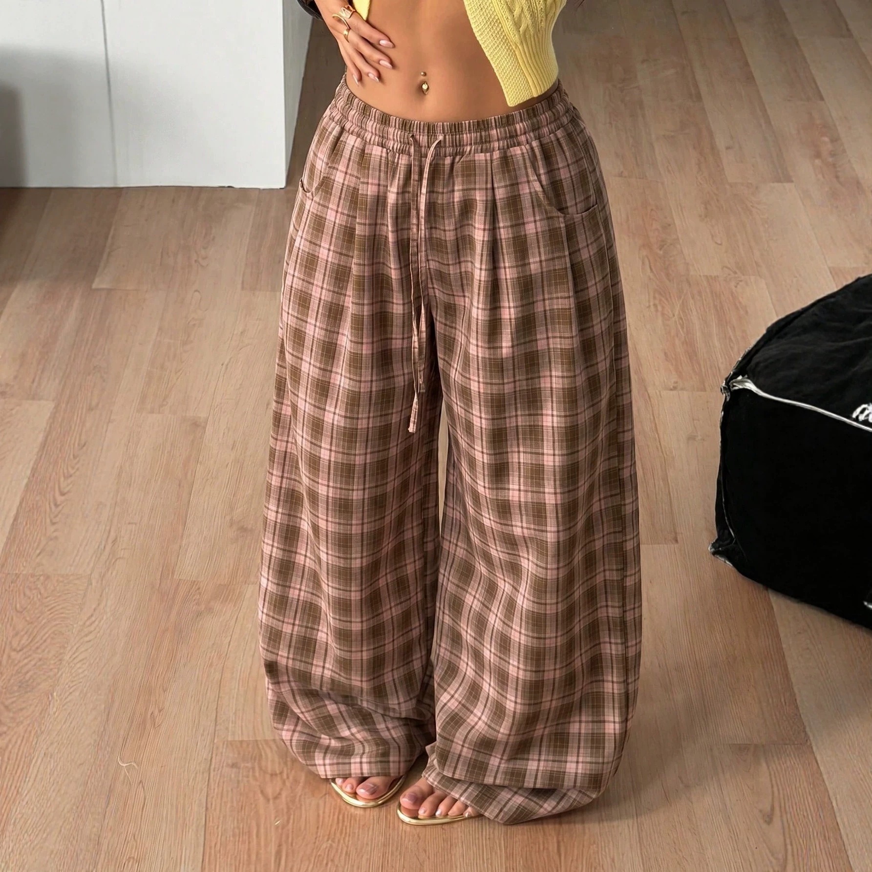 Y2K Retro Plaid Drawstring High-Waist Wide-Leg Pants with Pockets