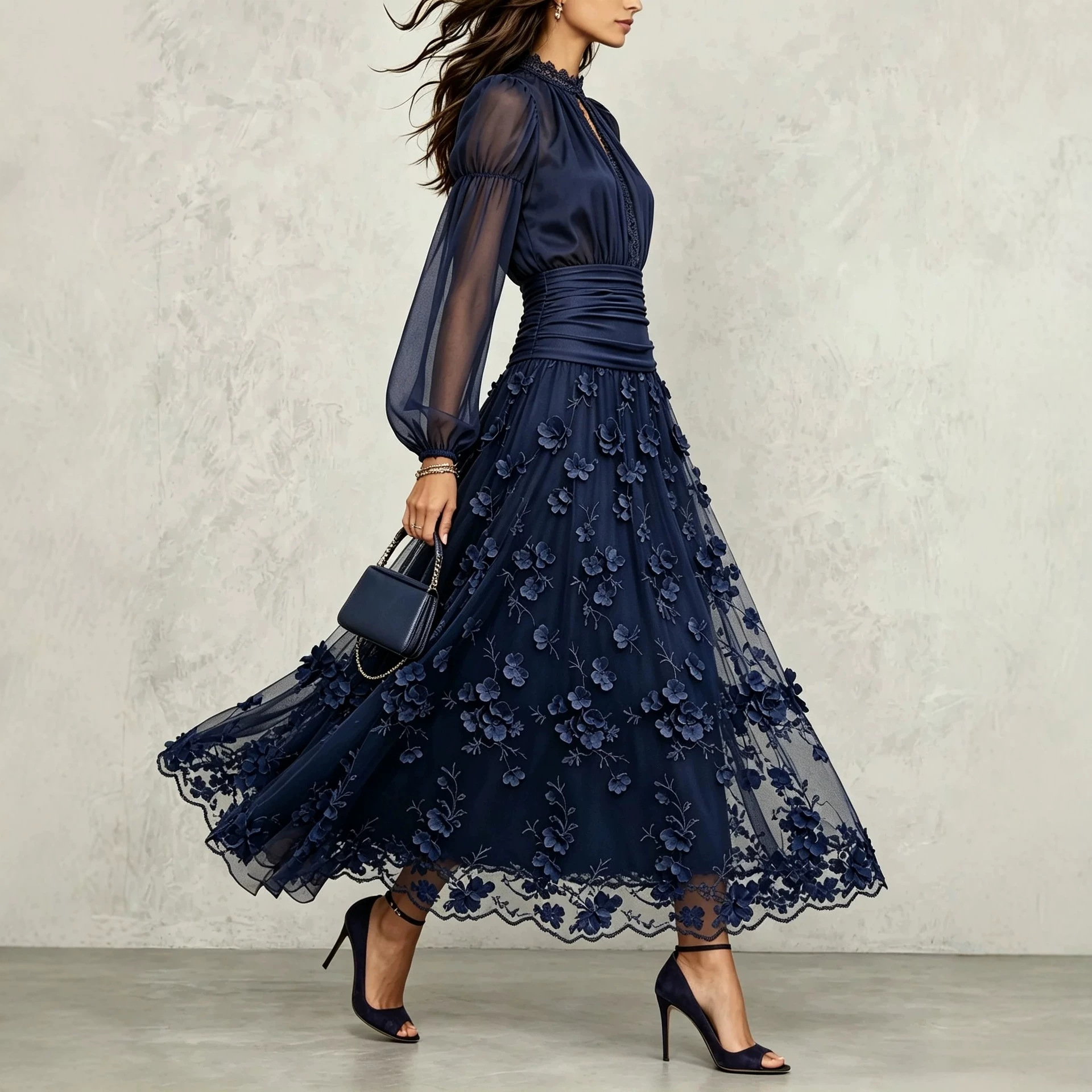 Navy Tulle 3D Floral Long Dress with High Neck Puff Sleeves and Waist-Cinching