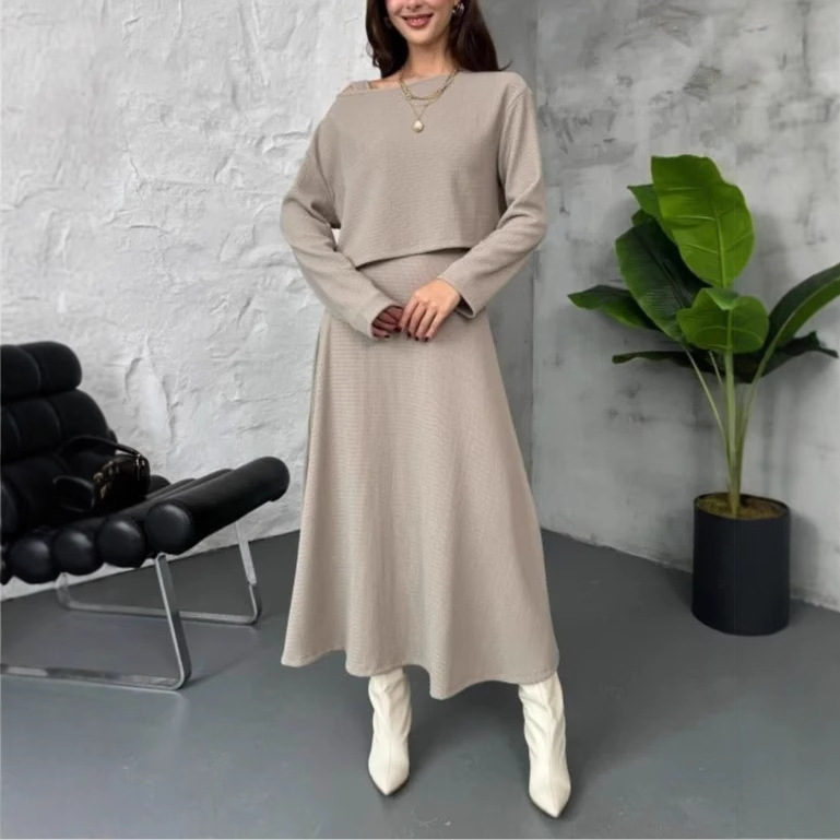 Off-Shoulder Knit Top and Long Skirt Two-Piece Set