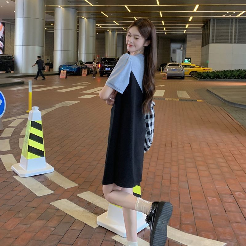 Color-Block Plus Size Short-Sleeve Midi Dress with Faux Two-Piece Design