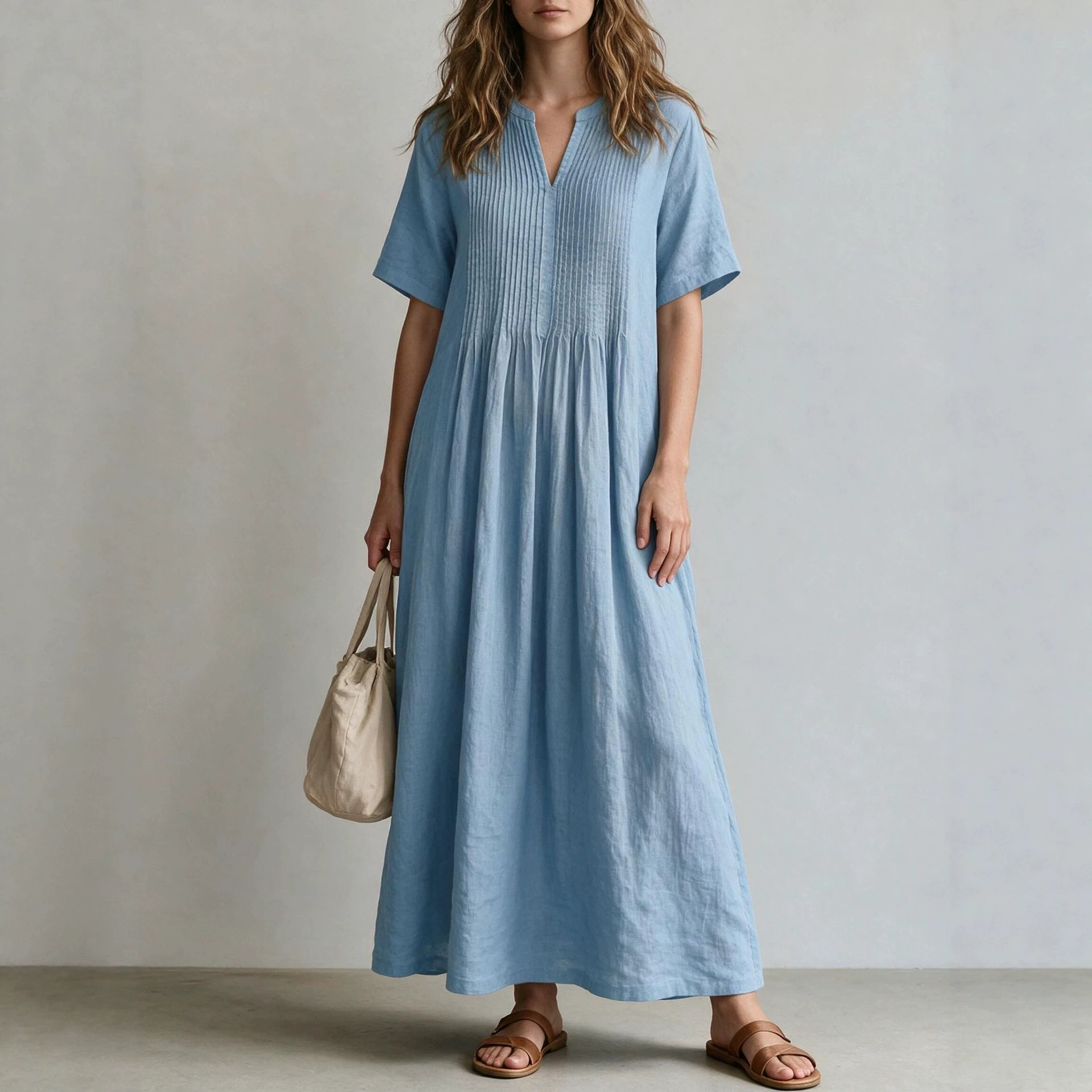 Women's V-Neck Short Sleeve Pleated Cotton Linen Midi Dress