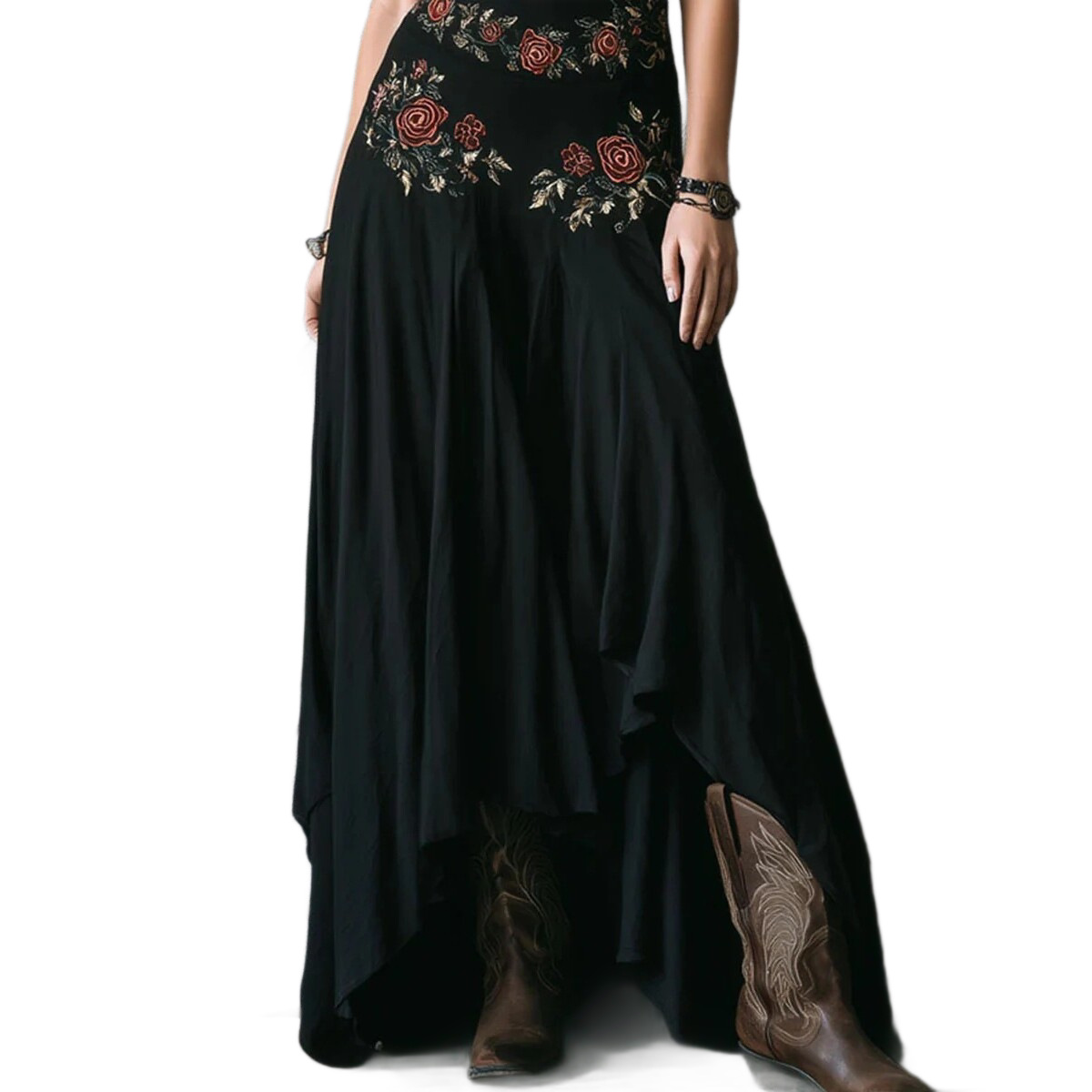 Retro Embroidered Floral Black Halter Maxi Dress with Asymmetrical Hem