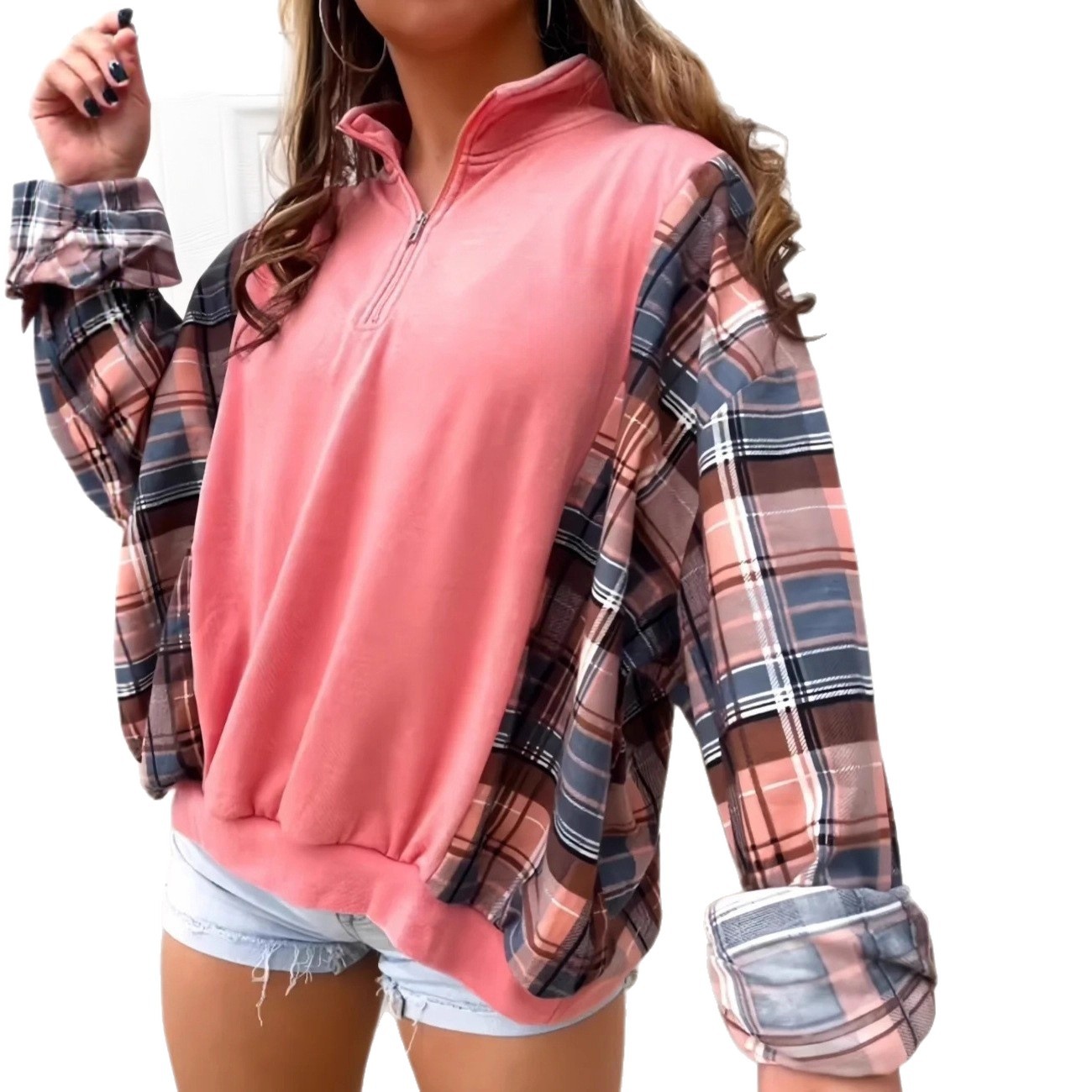 Women's Retro Plaid Half-Zip Collared Long-Sleeve Colorblock Sweatshirt