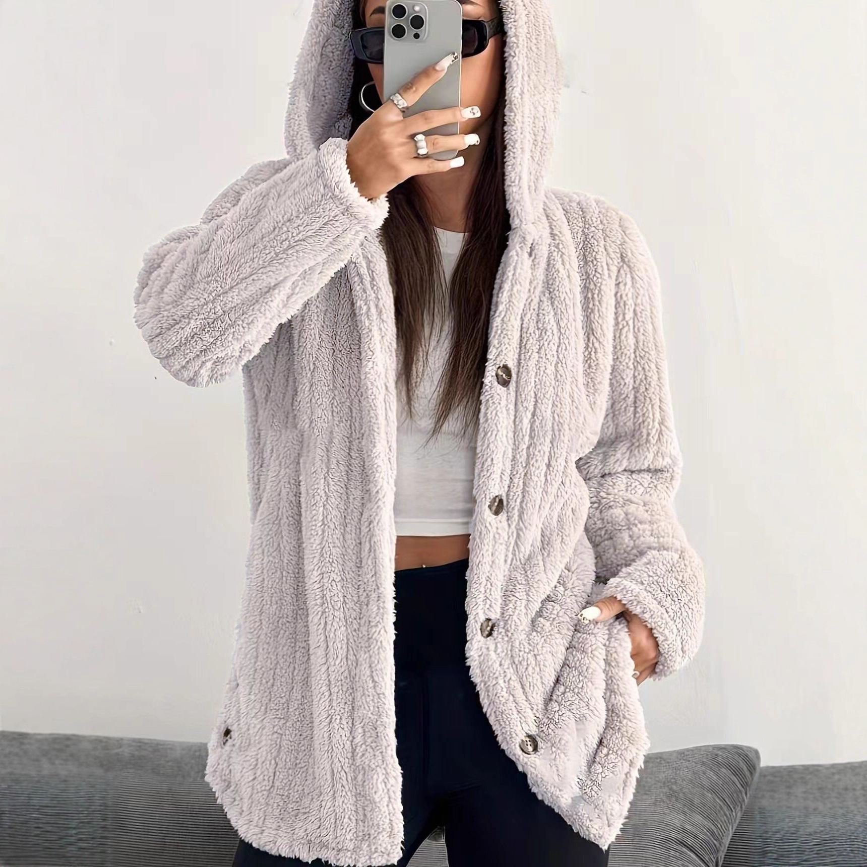 Striped Hooded Button Cardigan Plush Coat Loose Warm