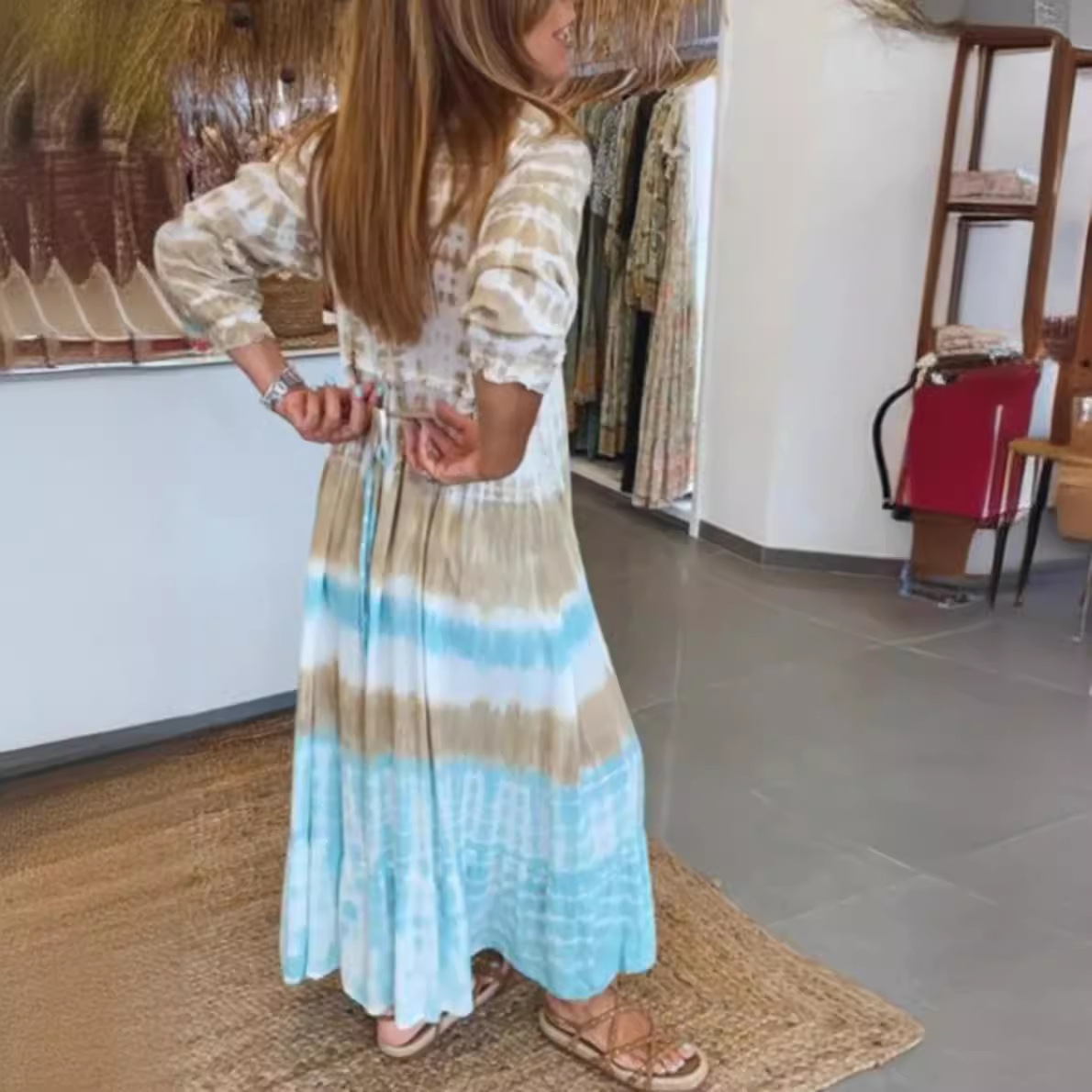 Women's Printed Deep V-Neck Long Sleeve Colorblock Dress