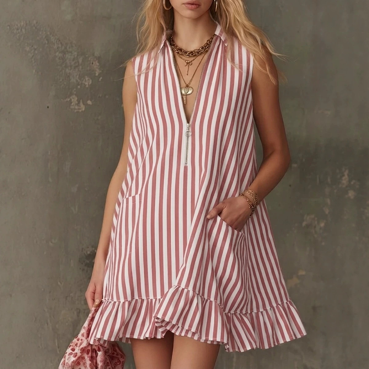 Women's Vintage V-Neck Colorblock Striped Sleeveless Ruffle Mini Dress
