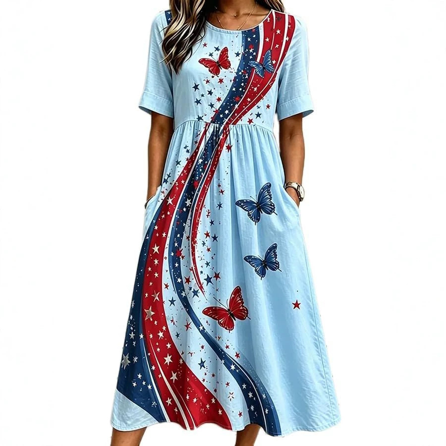 Women's Elegant Butterfly Line Print Pleated Midi Dress