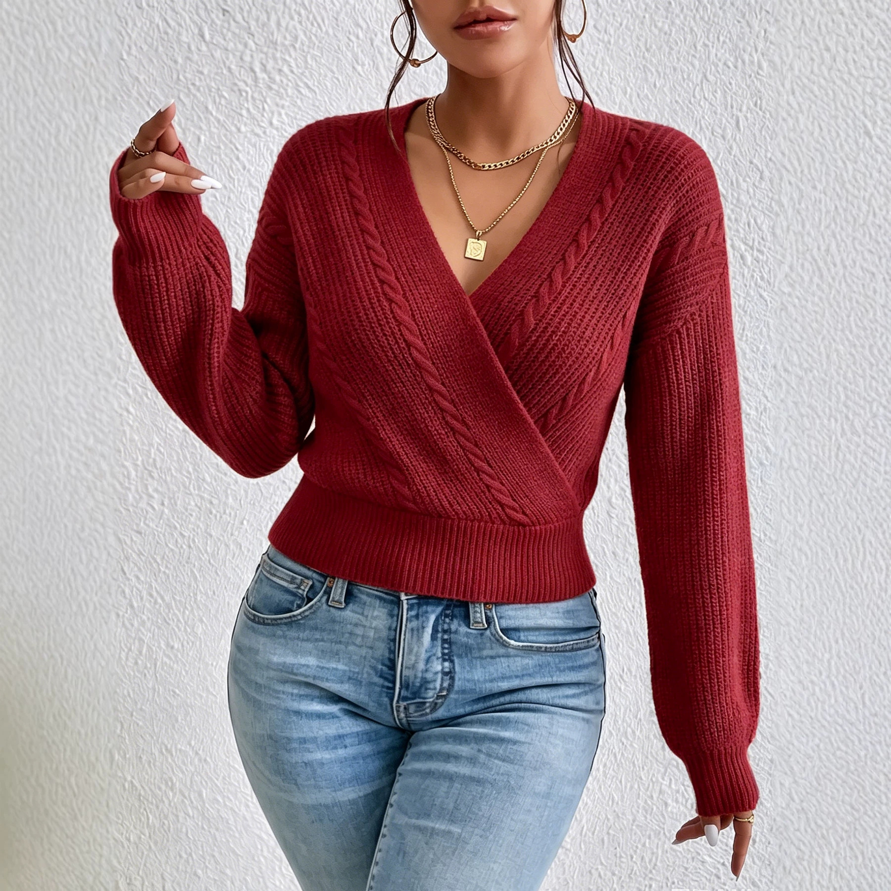 Women's Cable Knit V-Neck Sweater with Drop Shoulder Long Sleeves