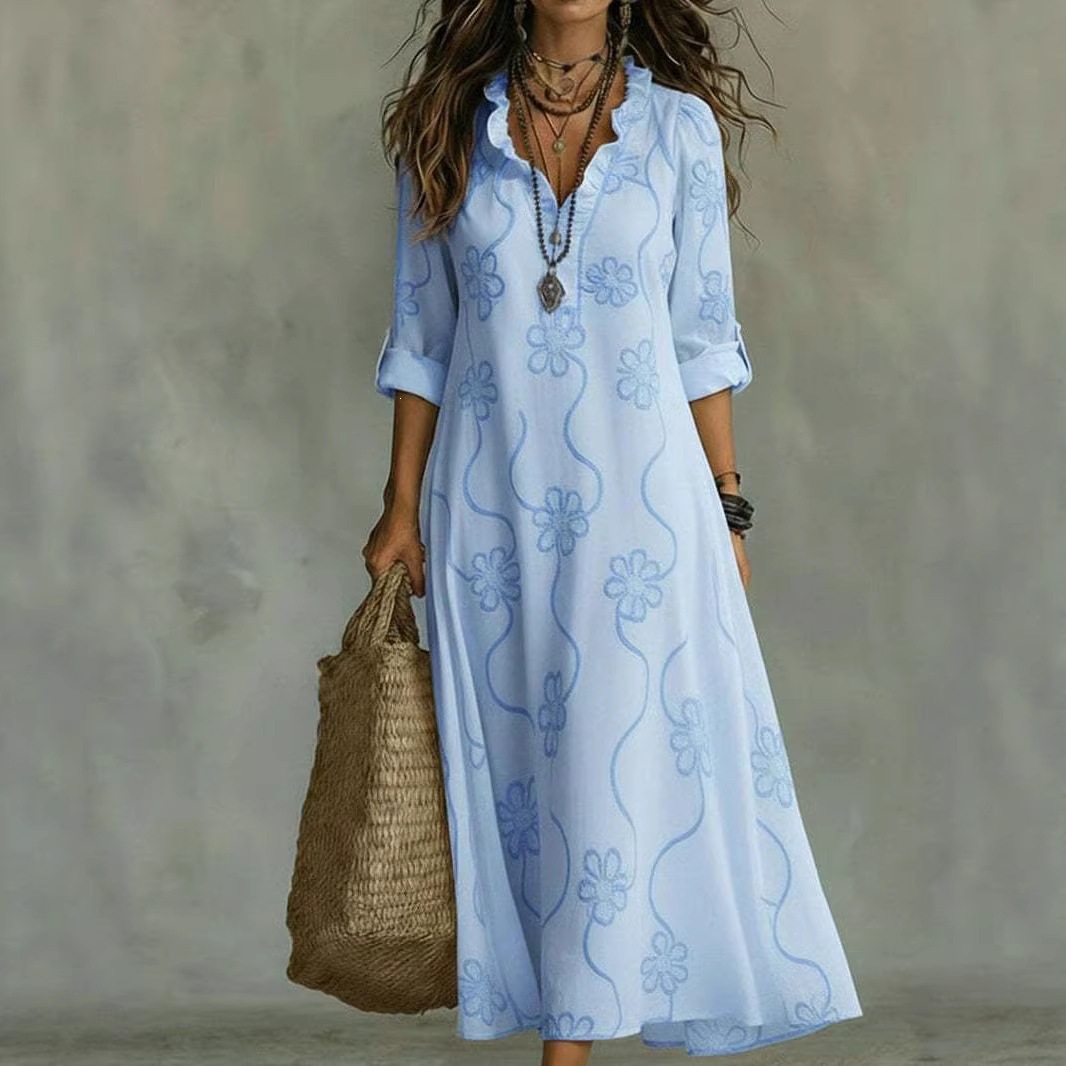 3D Digital Print Long Sleeve Plus Size A-Line Dress