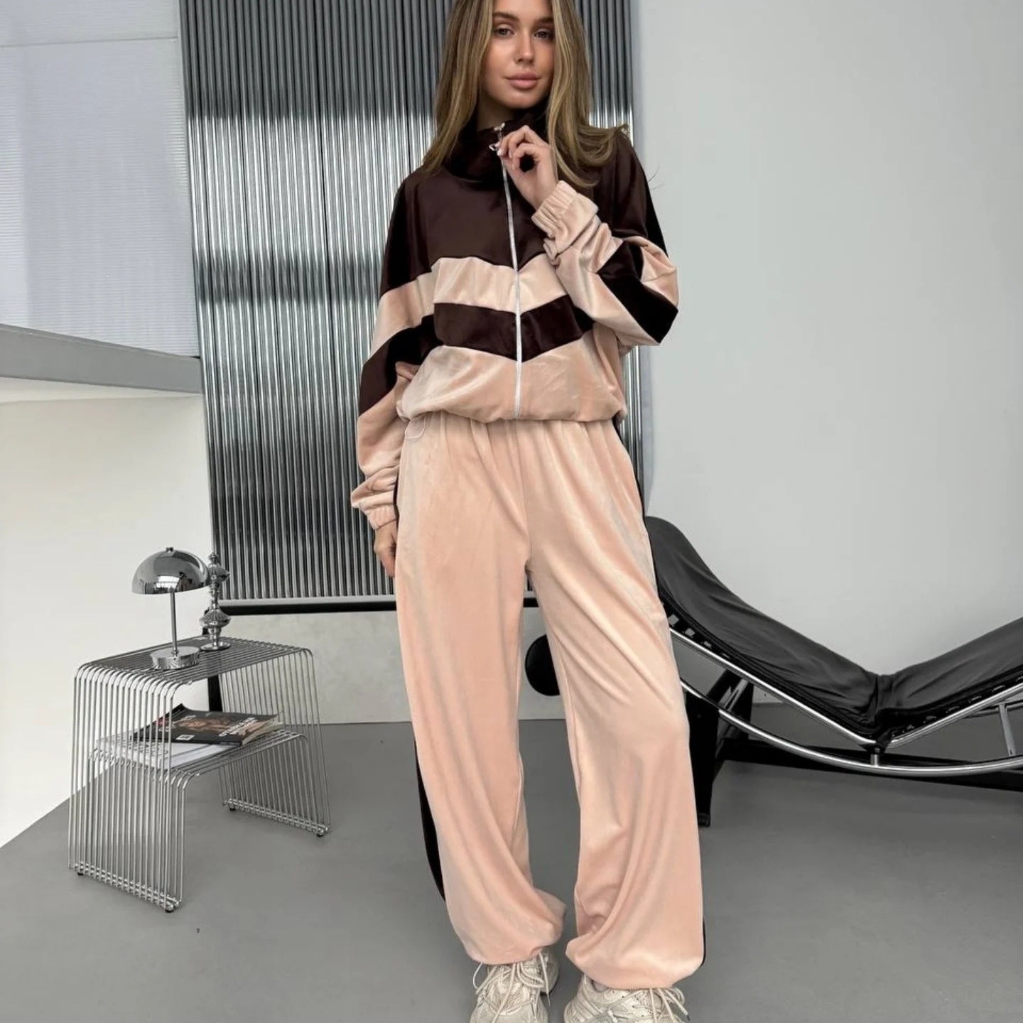 Women's Colorblock Zip Cardigan & Wide-Leg Pants Set