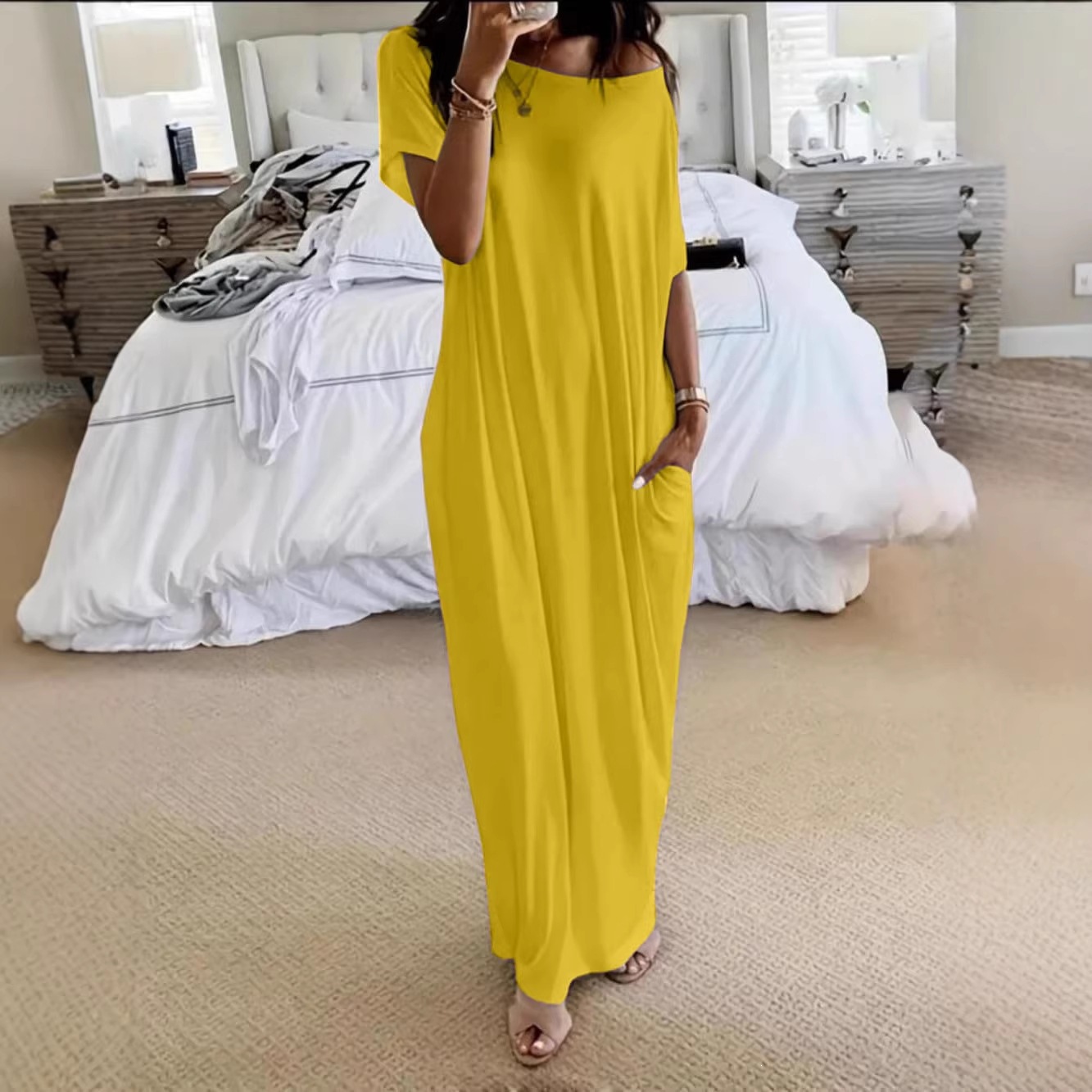 Women's Solid Short-Sleeve Long Casual Dress