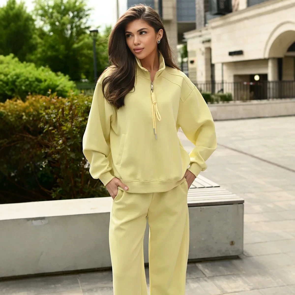 Women's Half-Zip Stand Collar Tracksuit with Drawstring Hoodie and Wide-Leg Pants