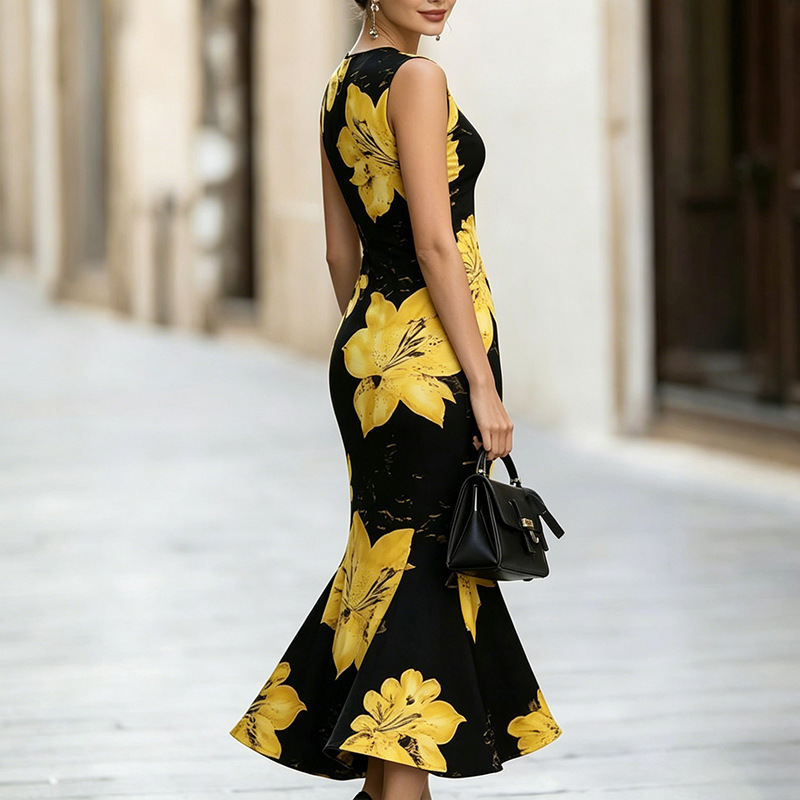 Printed Mermaid Dress Sleeveless High Waist Bodycon Long Dress