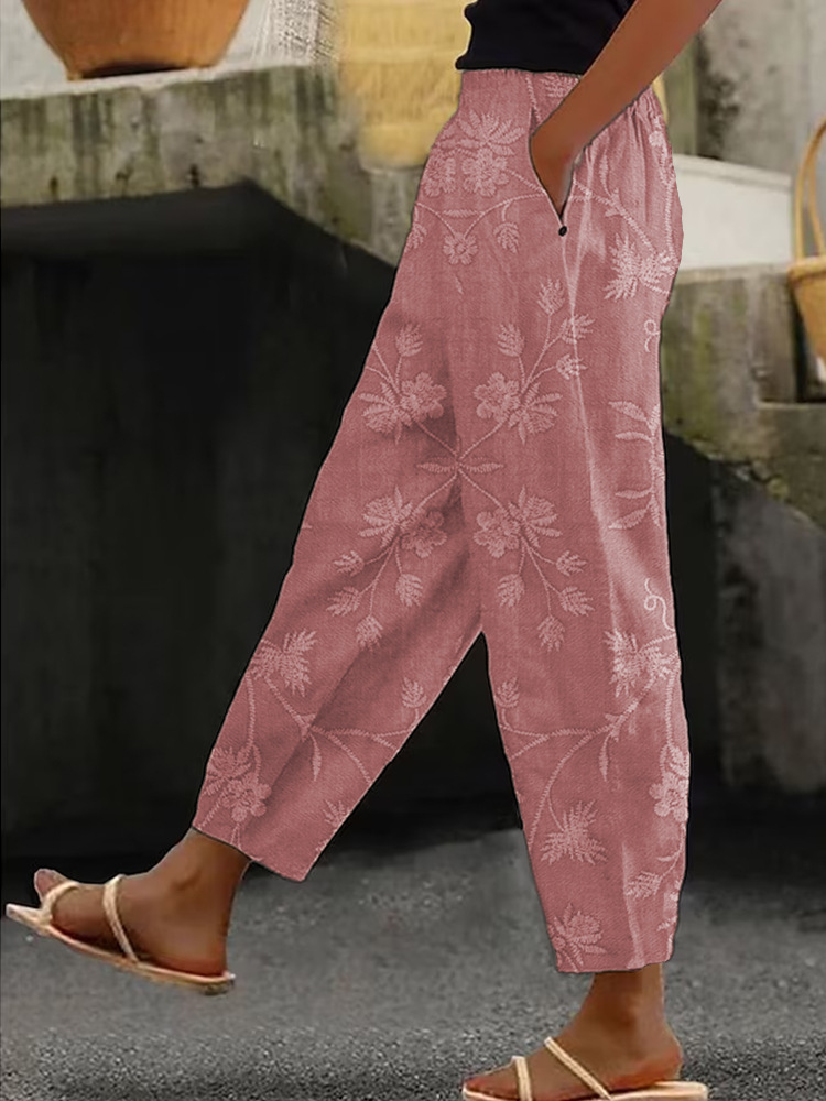 Women's Floral Print Straight-Leg Casual Pants Light Color