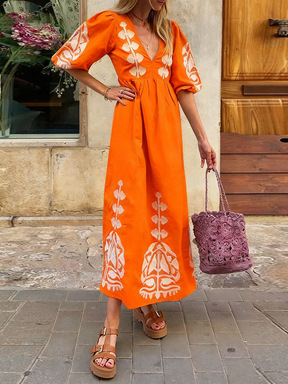 Floral Print V-Neck Puff Sleeve Open Back Loose Casual Midi Dress