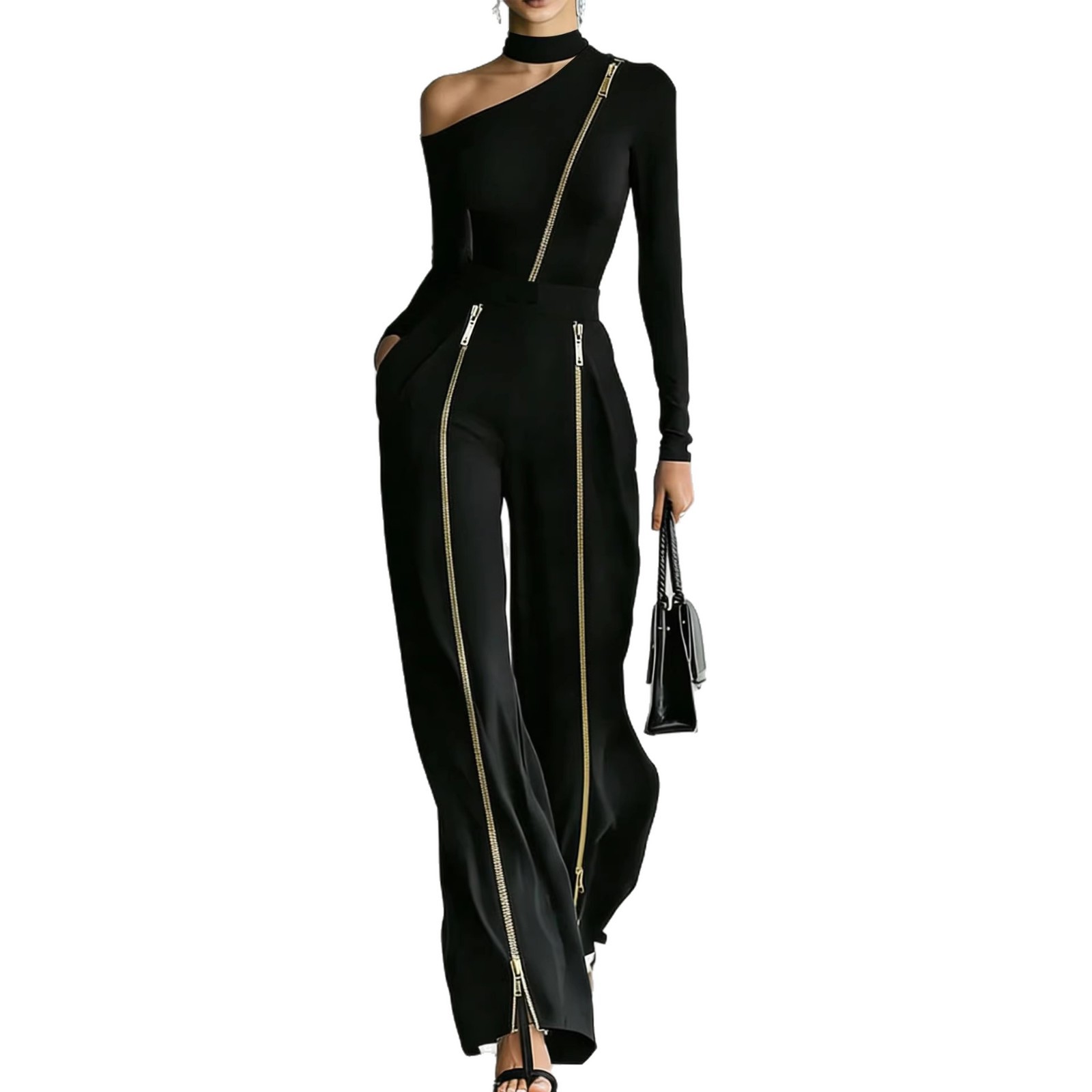 Women's Two-Piece Pants Set with Double-Zip Pants and Off-Shoulder Long-Sleeve Top