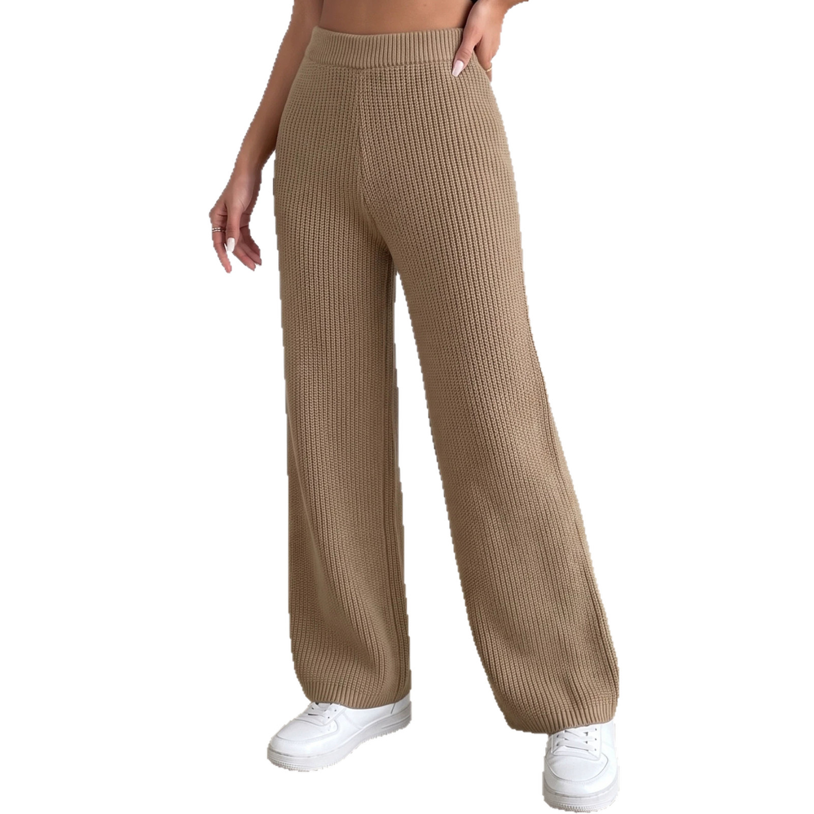 Women's Ribbed Knit Straight-Leg Wide-Leg Pants Mid-High Waist
