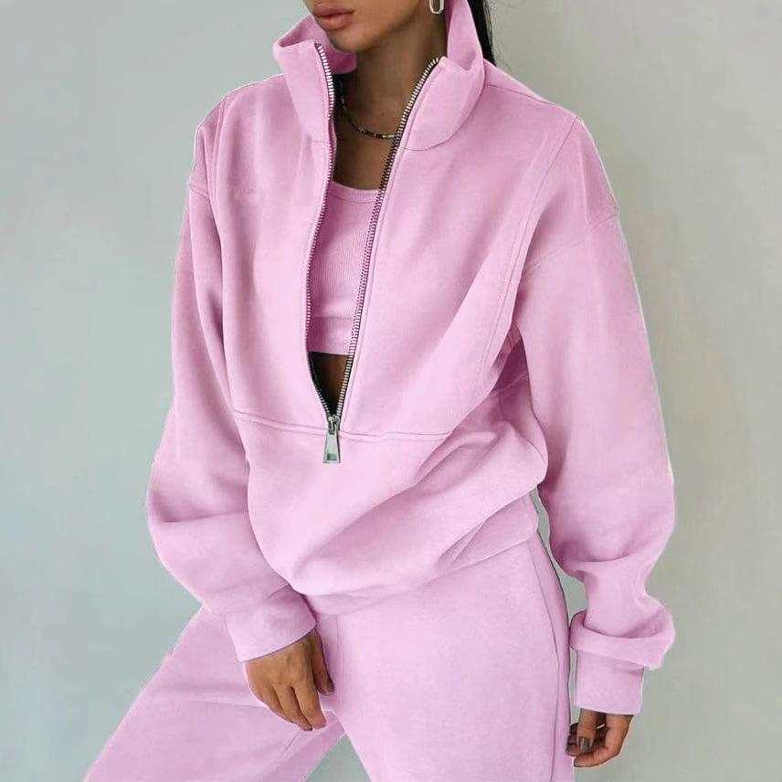 Women's Fleece Zip-Up Tracksuit Set Casual Athleisure
