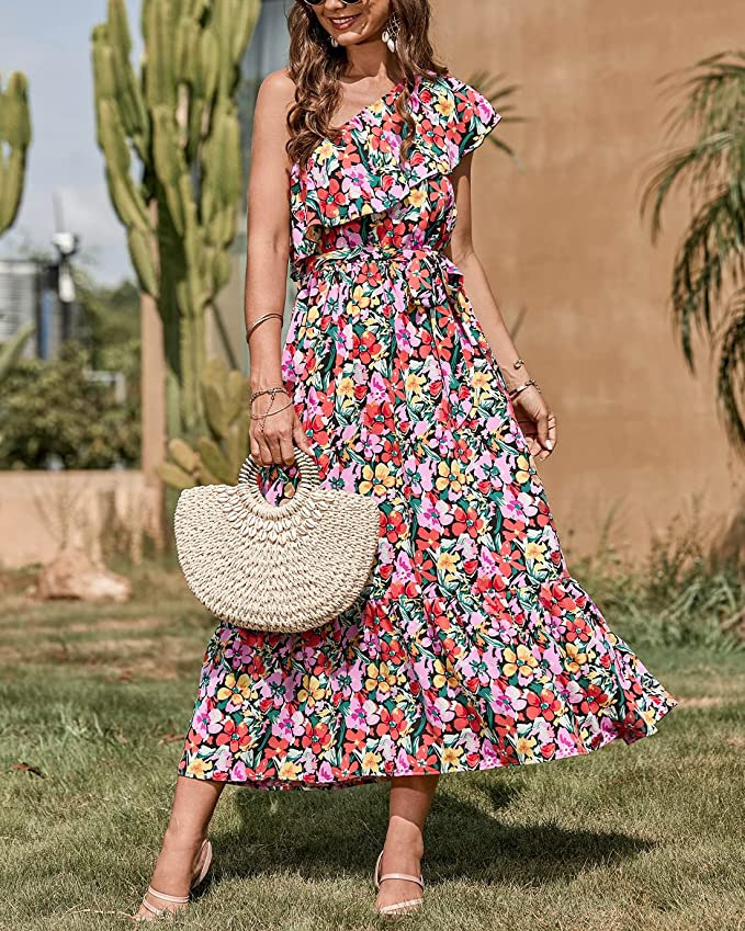 Women's One-Shoulder Sleeveless Boho Floral Print A-Line Maxi Dress