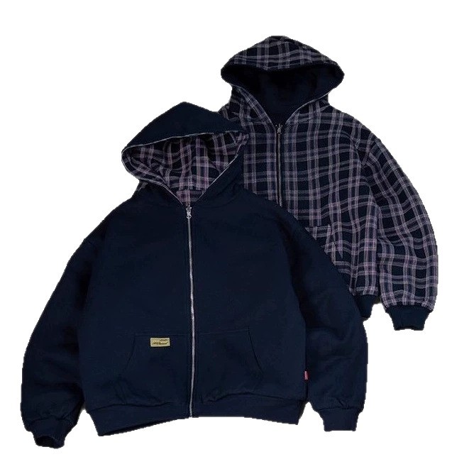 Reversible Plaid Zip-Up Hooded Jacket Unisex