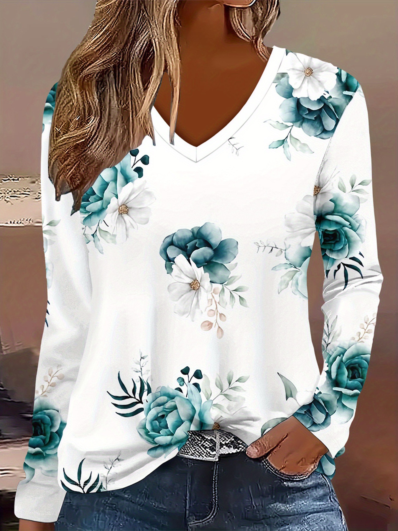 Bohemian Floral V-Neck Long-Sleeve Loose Casual T-Shirt