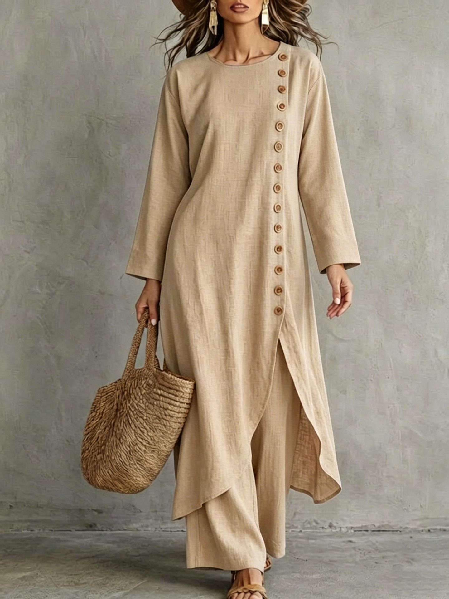 Solid Color Loose Button Round Neck Long Sleeve Dress