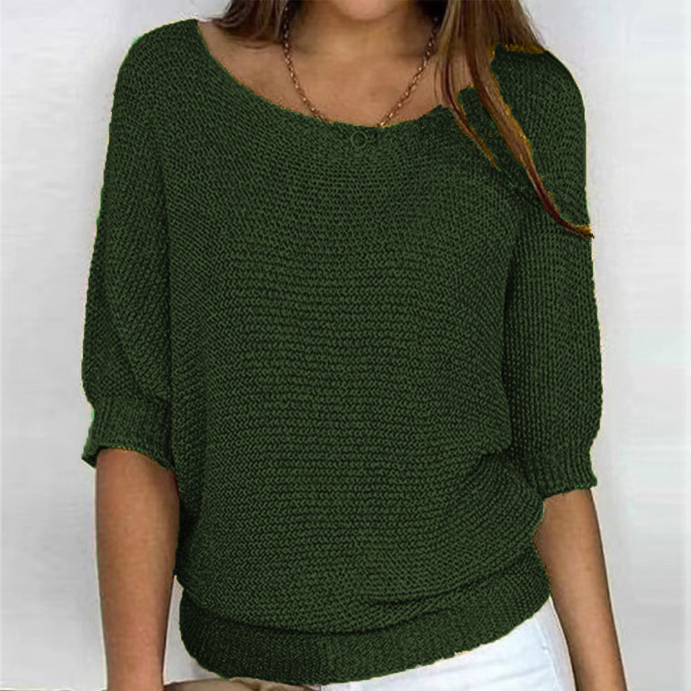Women's Solid Crewneck Knit Top with Three-Quarter Sleeves