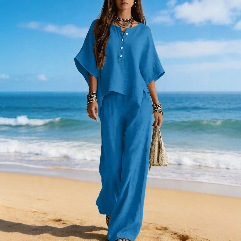 Women's Asymmetrical Round Neck T-Shirt and Pants Two-Piece Set