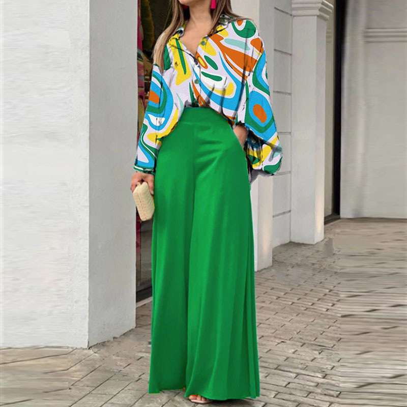 Women's Printed Shirt & Wide-Leg Pants Casual Set