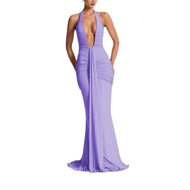 Elegant Solid Halter Deep V Mermaid Maxi Dress with Open Back and Sash