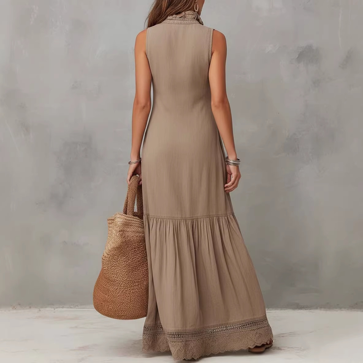 Sleeveless Buttoned Lace-Trim Solid Jumpsuit