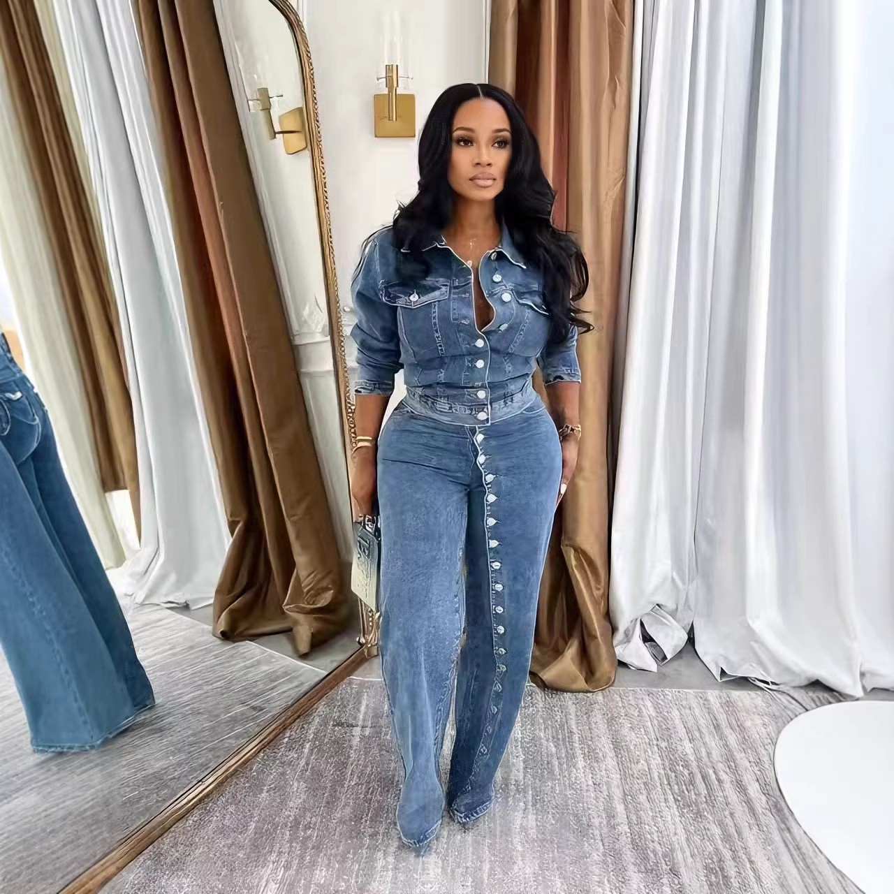 Women's High-Stretch Button-Front Washed Denim Two-Piece Set