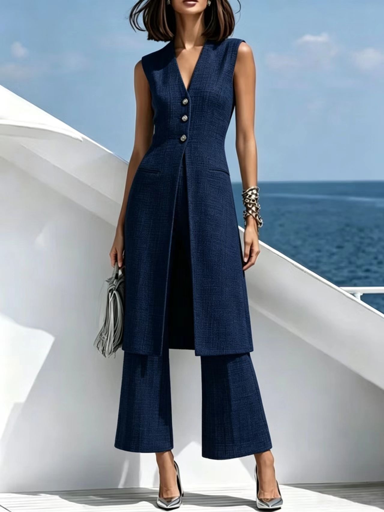 Elegant Gray Long Vest and Pants Two-Piece Suit Set