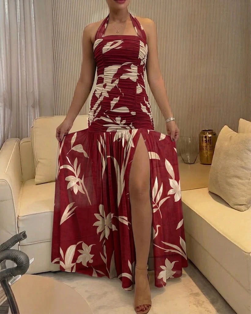 Colorblock Halter Neck Print Long Dress Vacation Style