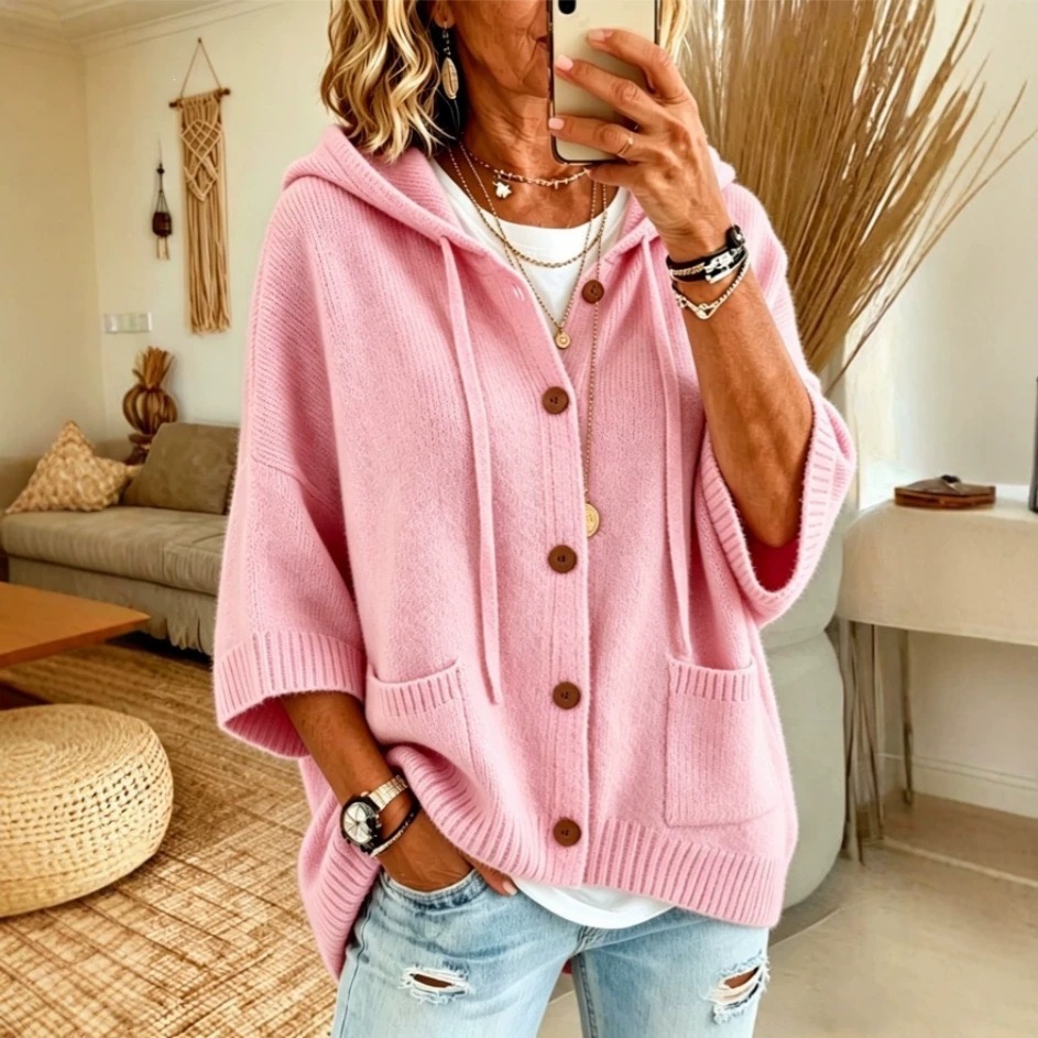 Women's Button-Up Hooded Drawstring Knit Cardigan Sweater Coat