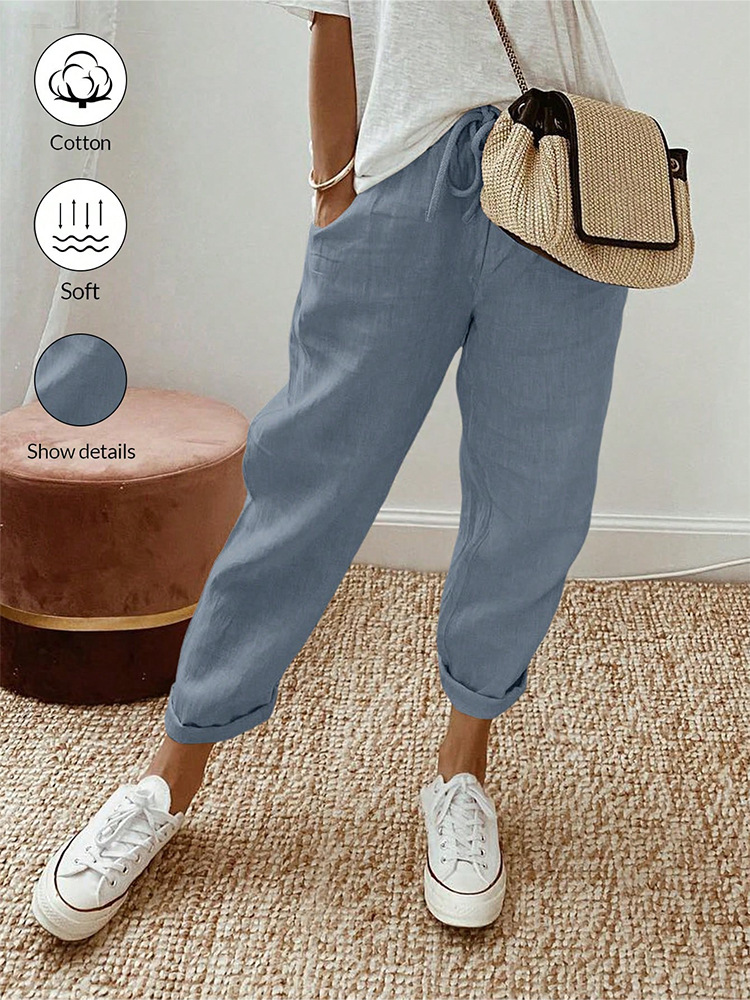 Women's Cotton Linen Cropped Pants with Pockets and Elastic Waist, Loose Casual