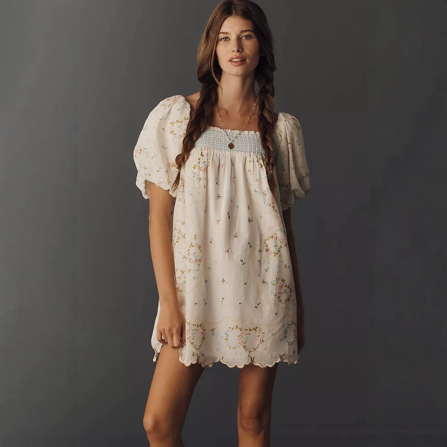 Women's Summer Low Neck Lace Trim Puff Sleeve Floral Print Dress