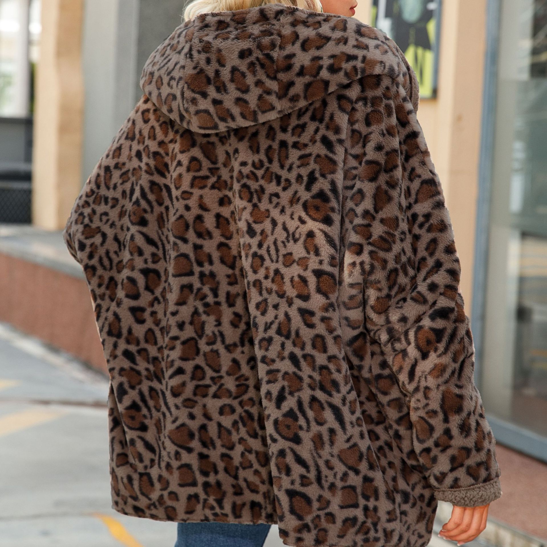 Faux Fur Leopard Print Hooded Long Sleeve Open Front Cardigan Coat