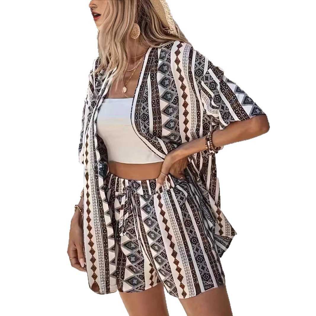 Vacation Print Two-Piece Set: Short Sleeve Tie-Front Shirt & High-Waist Shorts
