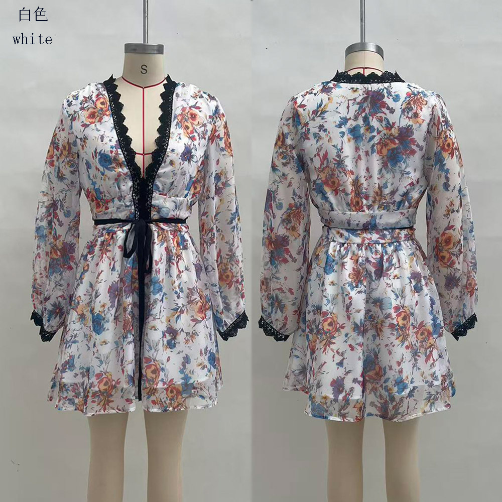 Women's V-Neck Long Sleeve Cinched Waist Organza Dress
