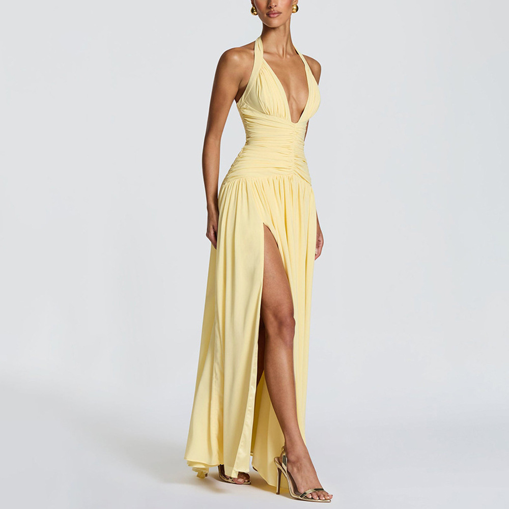 Women's Summer Halter Deep V Open Back Pleated Waist Mermaid Evening Dress