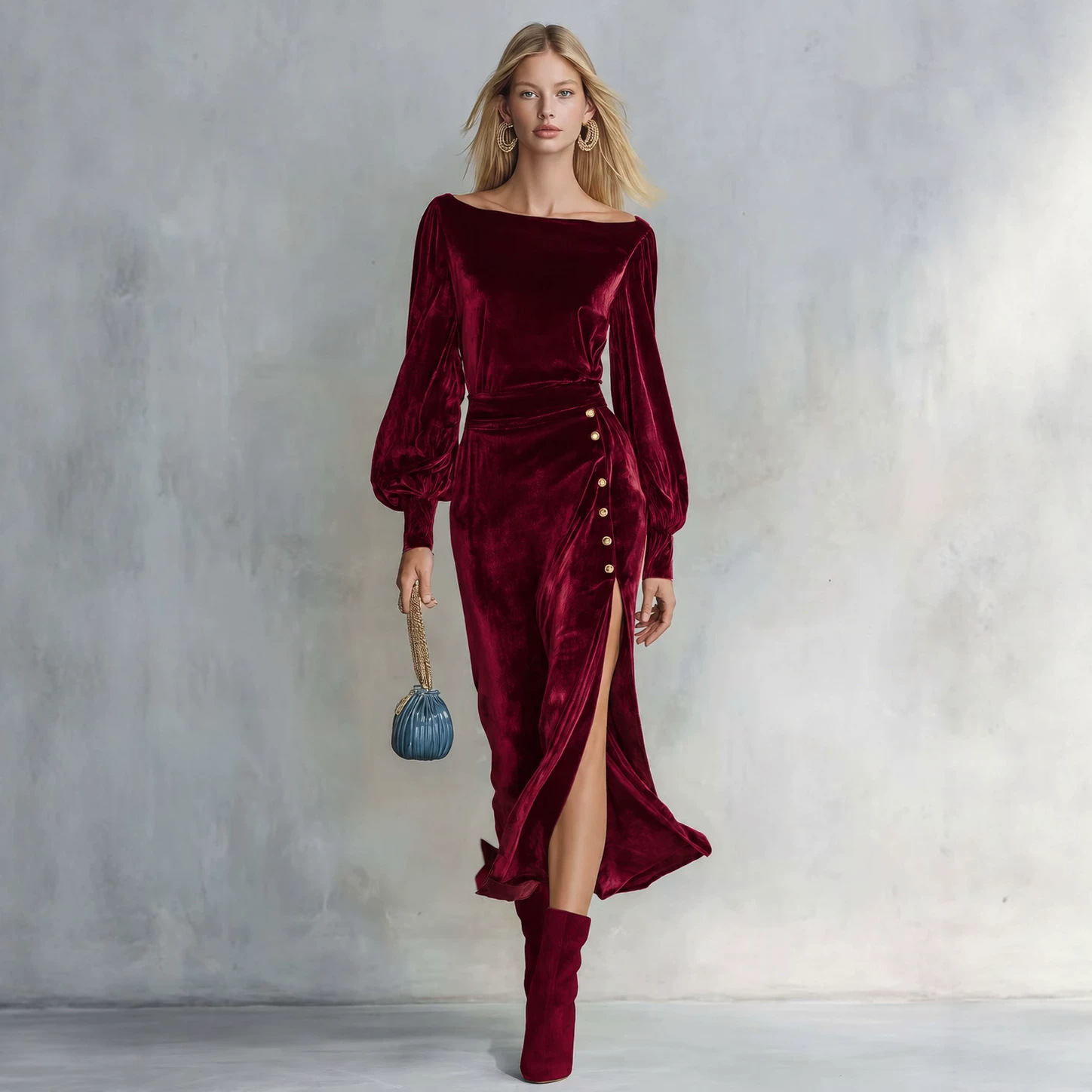 Elegant Off-Shoulder Long-Sleeve Velvet Maxi Dress with Buttons