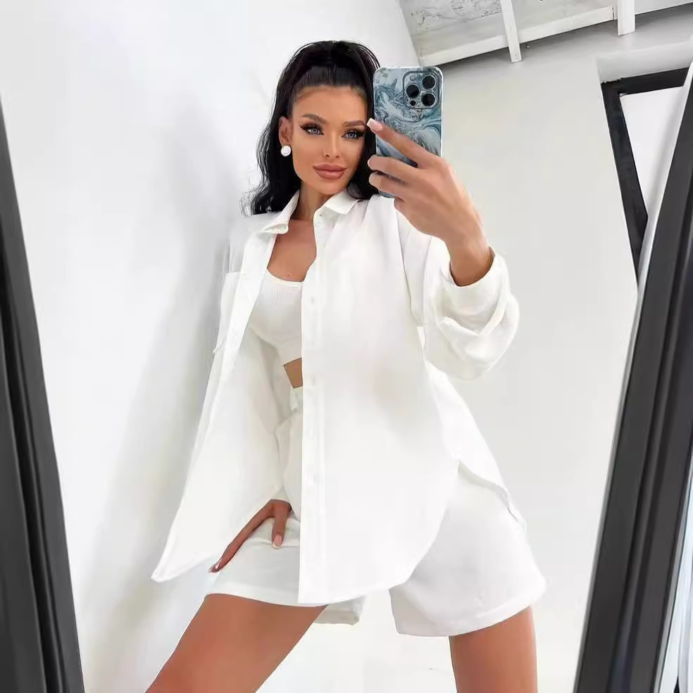 Women's Solid Color Button-Front Long-Sleeve Shirt and Shorts Set Relaxed Casual