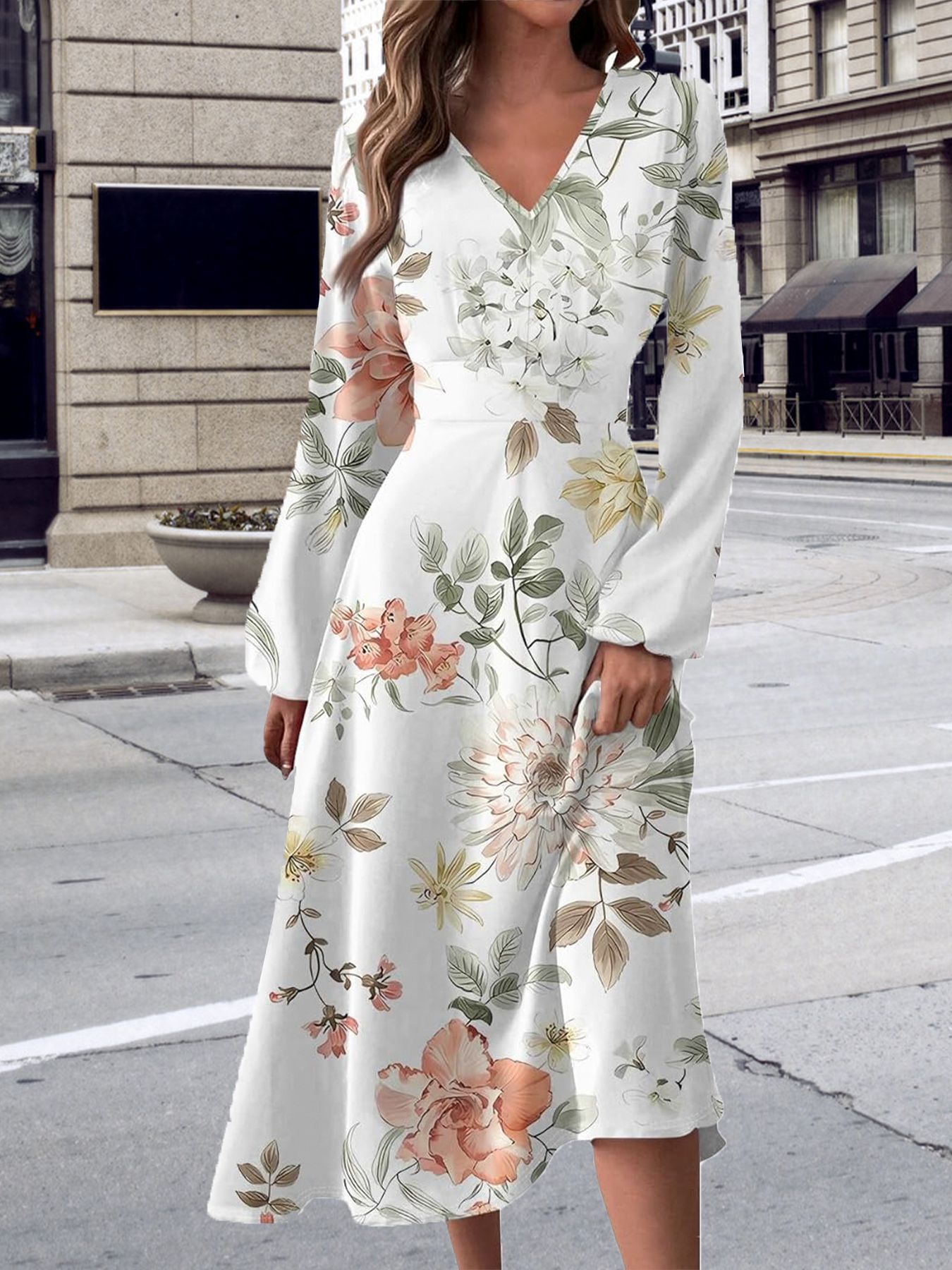 V-Neck Floral Print Long Sleeve High Waist Maxi Dress