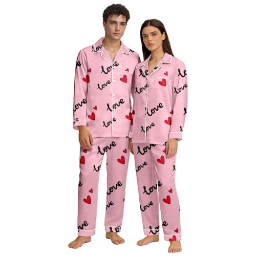 Cuban Collar Heart Print Long Sleeve Women's Set