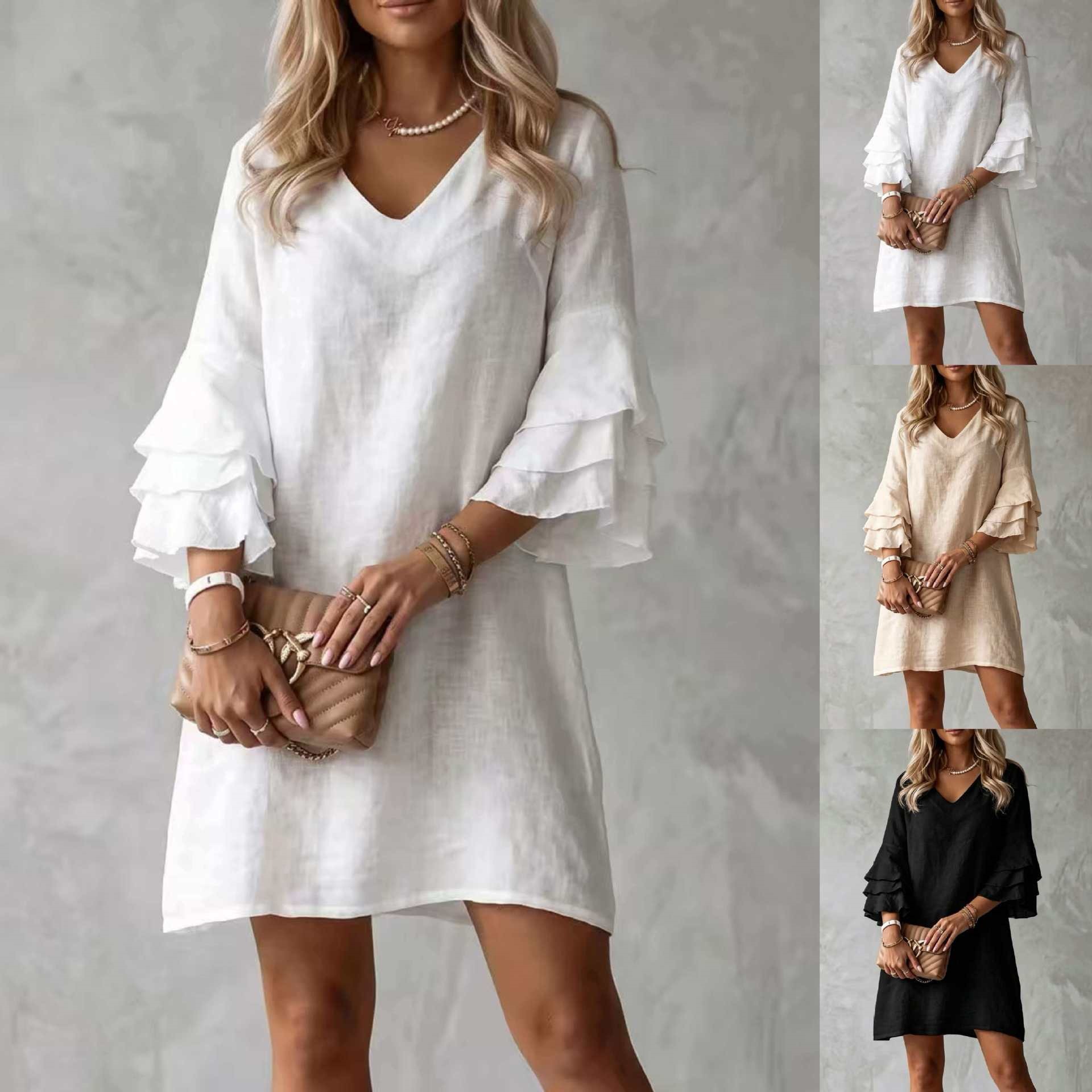 V-Neck Cotton-Linen Dress with Ruffle Sleeves