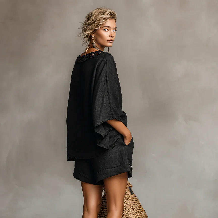 Women's Lace Trim Loose Batwing Sleeve Top