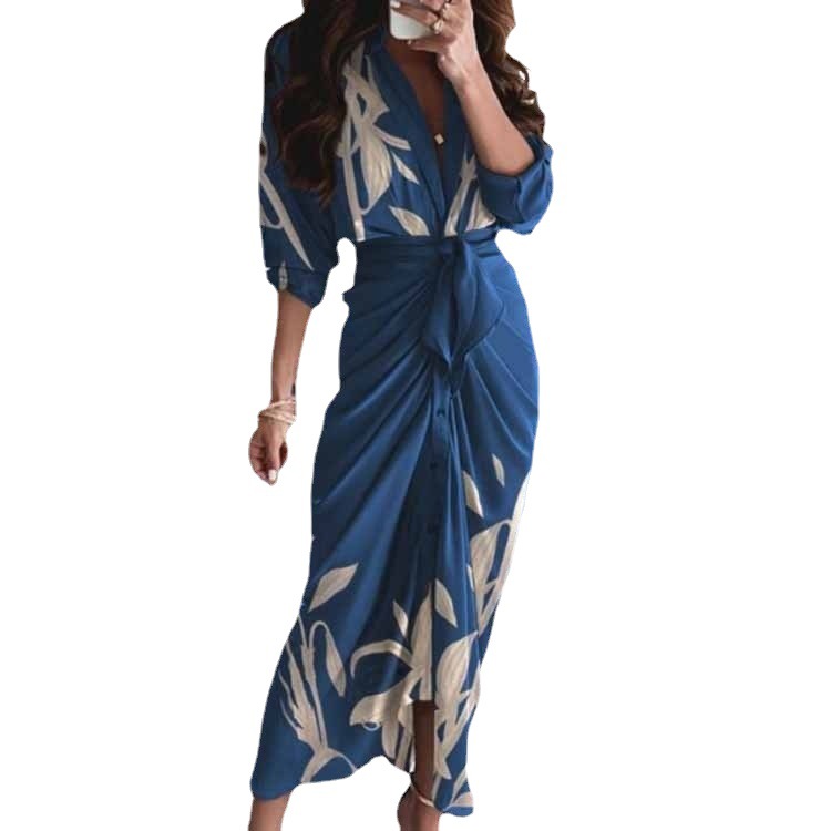 V-Neck Printed Tie-Waist Casual Dress