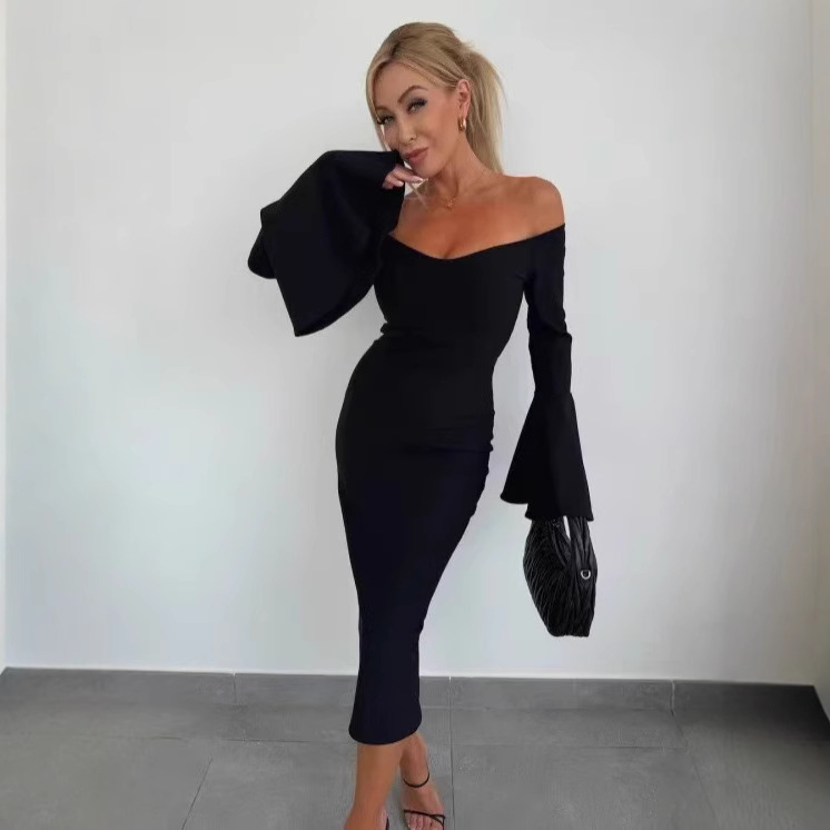 Solid Color Off-Shoulder Flare-Sleeve Slit Dress